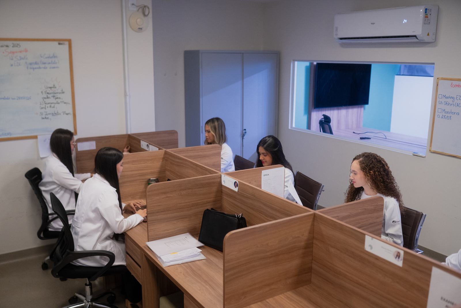 Coordenadoras de pesquisa trabalhando em baias individuais